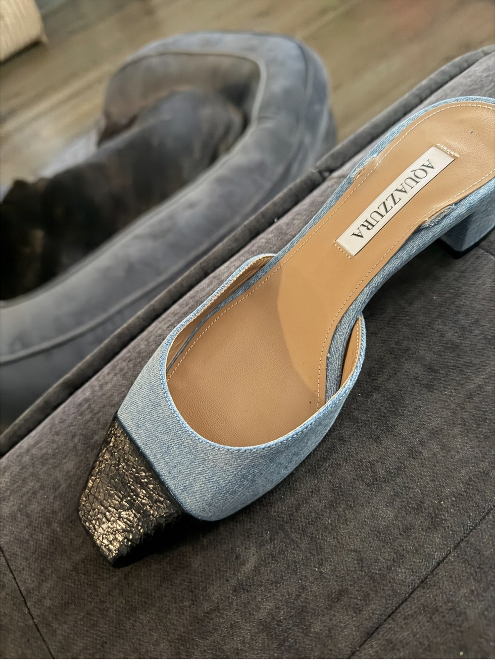 Aquazzura Light Blue Denim Low Block Heel Slingback